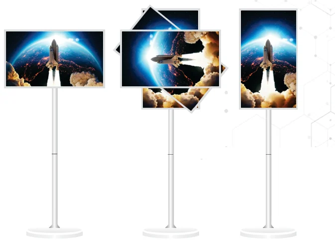 32 inch smart movable display on a stand, shown in landscape, rotating and portrait positions